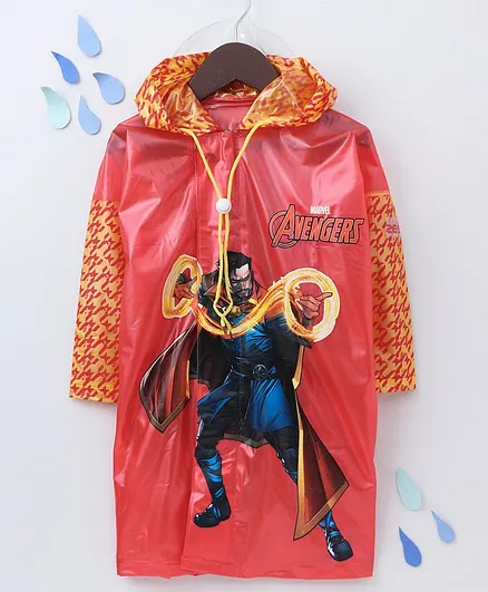 Babyhug Full Sleeves Hooded Raincoat With School Bag Provision Avengers Print - Red