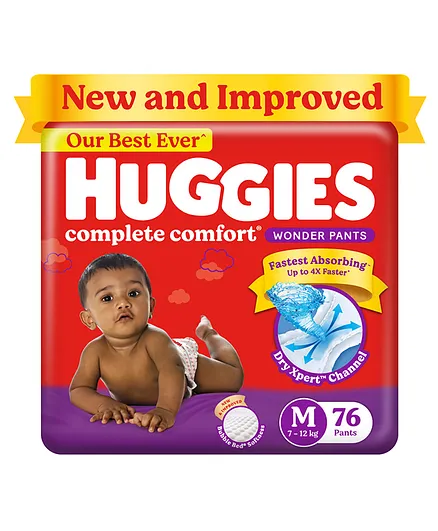 Huggies Complete Comfort Wonder Pants Medium (M) Size Baby Diaper Pants with 5 in 1 Comfort - 76 Pieces