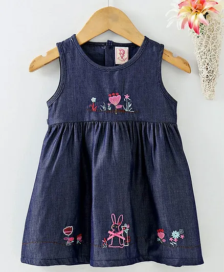 Sunny Baby Sleeveless Frock Floral Embroidery - Denim Blue