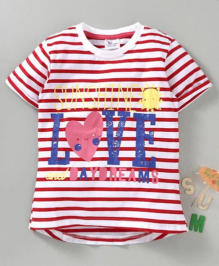 Kookie Kids Half Sleeves Striped Tee Love Print - Red