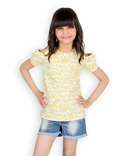 Olele Half Sleeves Leaves Print Cold Shoulder Top With Shorts - Yellow & Blue