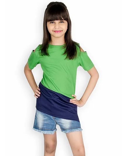 Olele Half Sleeves Color Block Cold Shoulder Tee With Shorts - Green