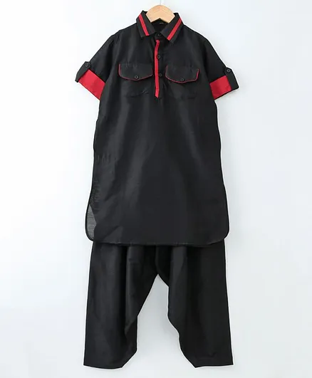 Silverthread Solid Full Sleeves Kurta With Pyjama Set - Black