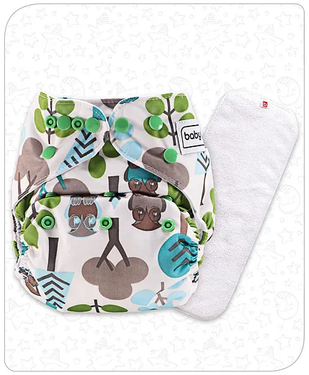 Babyhug Free Size Reusable Cloth Diaper With Insert Tree & Owl Print - White Green