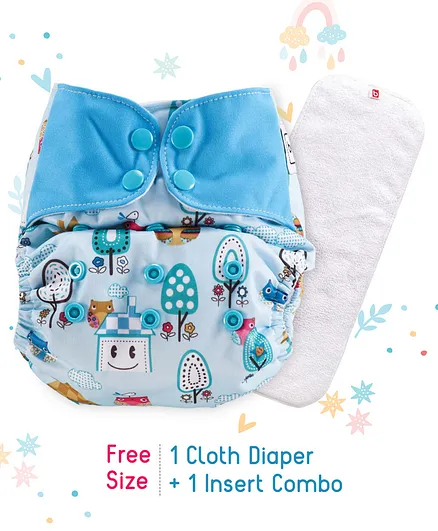 Babyhug Free Size Reusable Contrast Flap Closure Cloth Diaper With Insert Multi Print - Blue