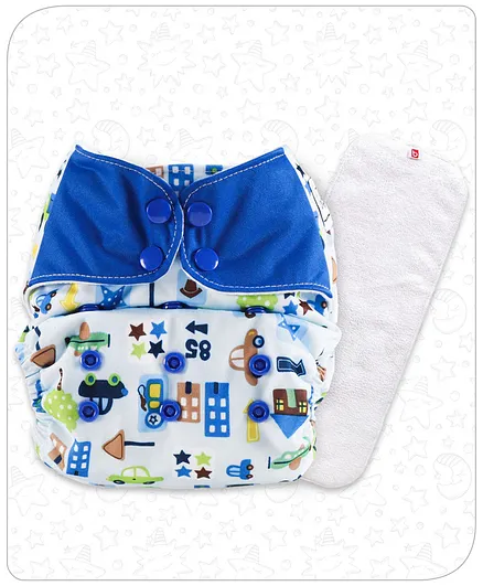 Babyhug Free Size Reusable Contrast Flap Closure Cloth Diaper With Insert Vehicle Print - Blue