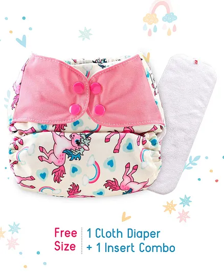 Babyhug Free Size Reusable Contrast Flap Closure Cloth Diaper With Insert Unicorn Print - Pink