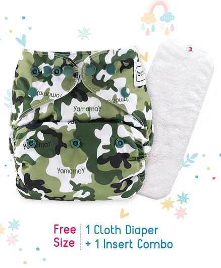 Babyhug Free Size Reusable Cloth Diaper With Insert Camouflage Print - Green White