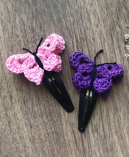 This and That by Vedika Set Of 2 Crochet Butterfly Hair Clips - Pink & Purple