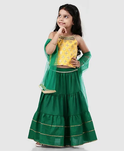 Babyhug Sleeveless Choli Lehenga & Dupatta Set Zardosi Embellishments - Yellow Green