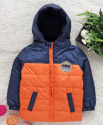 Babyhug Full Sleeves Hooded Padded Jacket Camping Patch - Blue Orange