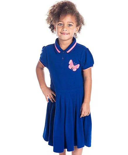 Cherry Crumble by Nitt Hyman Short Sleeves Polo Neck Butterfly Patch Dress - Blue