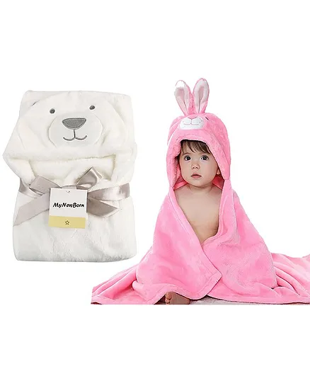 10Club Hooded Baby Blanket & Wrapper 2 In 1 Pack of 2 Bear & Bunny Design - Pink & White
