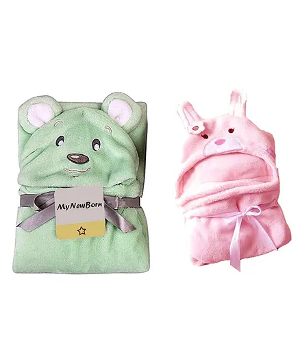 My Newborn Hooded 2 In 1 Blanket Cum Wrapper Bear & Bunny Design Pack of 2 - Pink Green