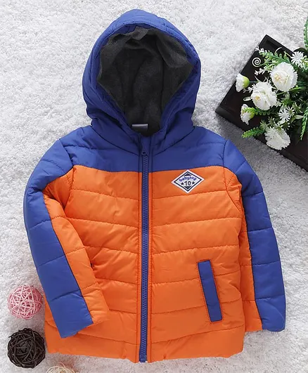 Babyhug Full Sleeves Hooded Padded Jacket Numeric 10 Patch - Orange Blue