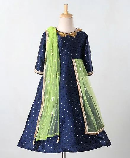 Babyoye Full Sleeves Embroidered Ethnic Dress With Dupatta - Navy Blue