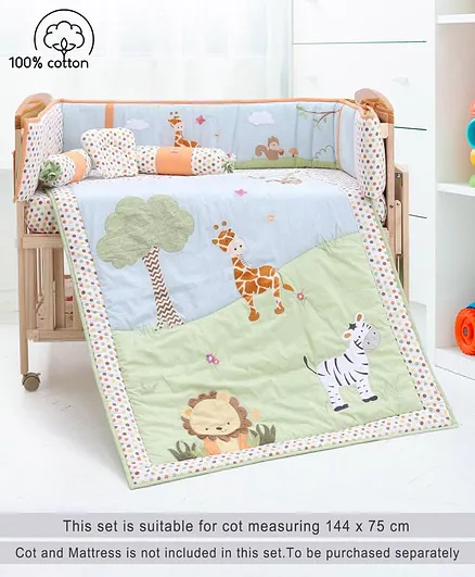 Babyhug Premium Cotton Crib Bedding Set Jungle Theme Large Pack of 6 - Multicolor (Cot not Included)
