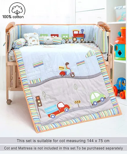 Babyhug Premium Cotton Crib Bedding Set Transport Theme Large Pack of 6 - Multicolor (Cot not Included)