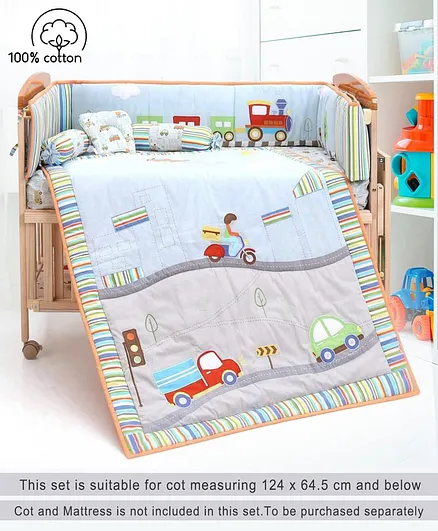 Babyhug Premium Cotton Crib Bedding Set Transport Theme Small Pack of 6 - Multicolor (Cot not Included)