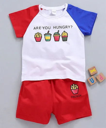 Meng Wa Half Sleeves Tee With Shorts Fast Food Print - White Red