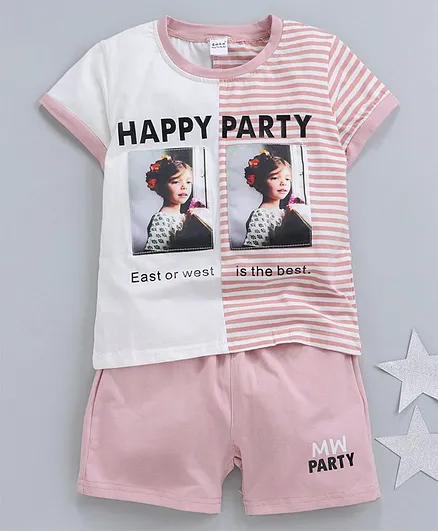 Meng Wa Half Sleeves Tee With Shorts Party Print - Light Pink