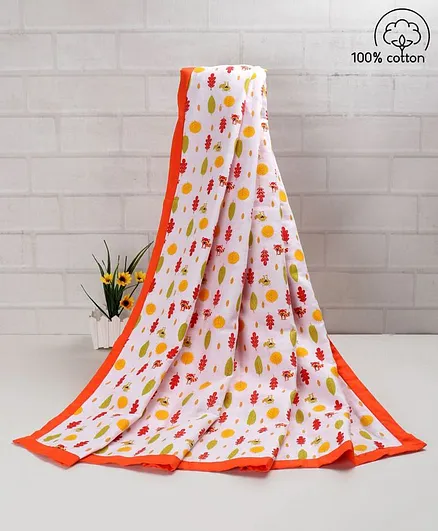 Babyhug Premium Cotton 3 Layered Baby Muslin Blanket Racoon Print - Tangarine