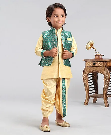 Babyhug 6 in 1 Style Kurta Dhoti Jacket & Jodhpuri Breeches Silk Thread Embroidered Set - Peacock Green