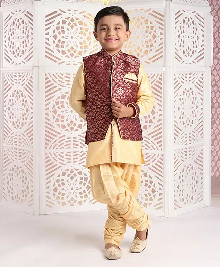 Babyhug 6 in 1 Style Kurta Dhoti With Jacket Silk Thread Embroidered Set - Maroon