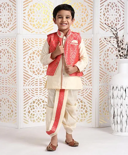 Babyhug 6 in 1 Style Kurta Dhoti Pajama With Jacket Silk Thread Embroidered Set - Red Cream