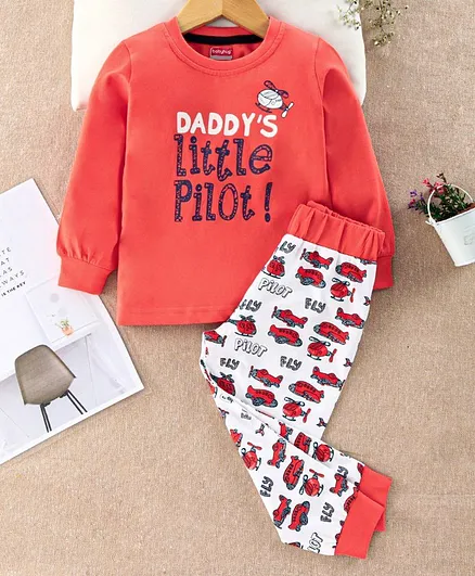 Babyhug Full Sleeves Night Suit Little Pilot Print - Coral