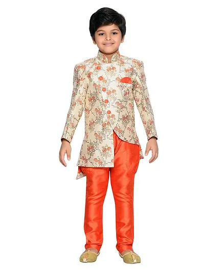 Aj Dezines Embroidered Full Sleeves Sherwani & Pyjama Set  - Orange