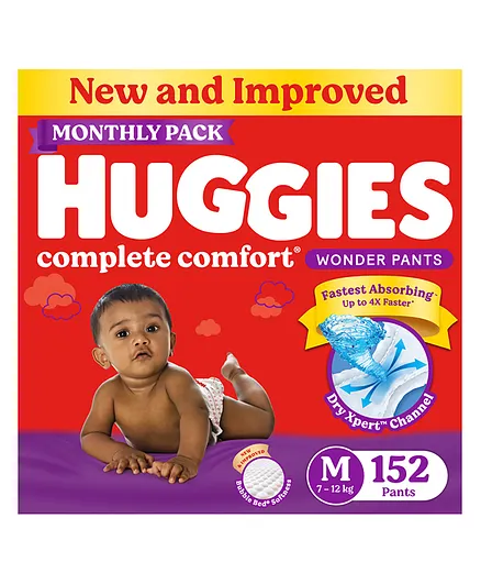 Huggies Complete Comfort Wonder Pants Medium (M) Size Baby Diaper Pants Monthly Pack with 5 in 1 Comfort - 152 Pieces