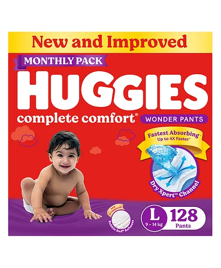 Huggies Wonder Pants Large (L) Size Baby Diaper Pants India's Fastest Absorbing Diaper 128 Pieces