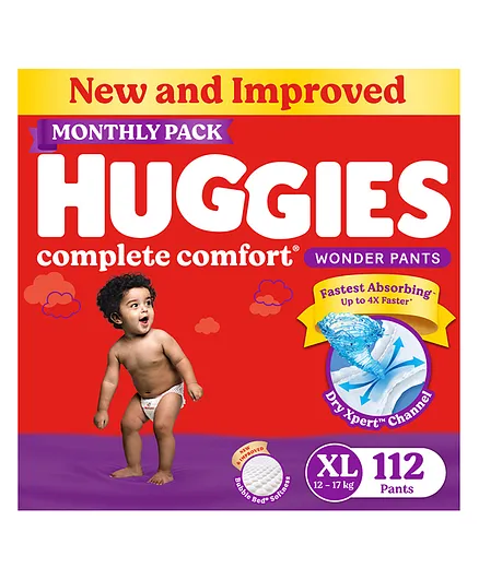 Huggies Complete Comfort Wonder Pants Extra Large (XL) Size Baby Diaper Pants Monthly Pack with 5 in 1 Comfort - 112 Pieces