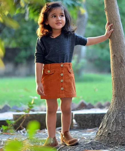 Piccolo Solid Half Sleeves Tee With Button Down Skirt - Orange & Grey