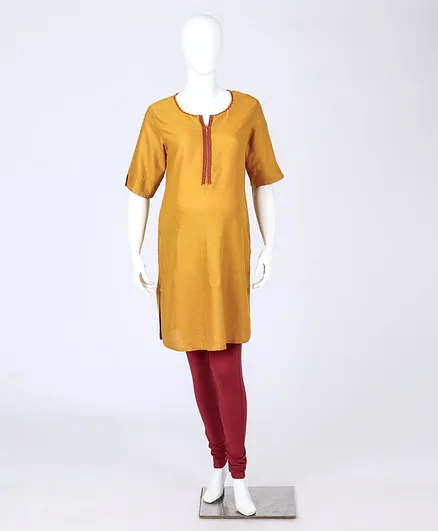 Kriti Half Sleeves Embroidered Maternity Kurta - Mustard Yellow