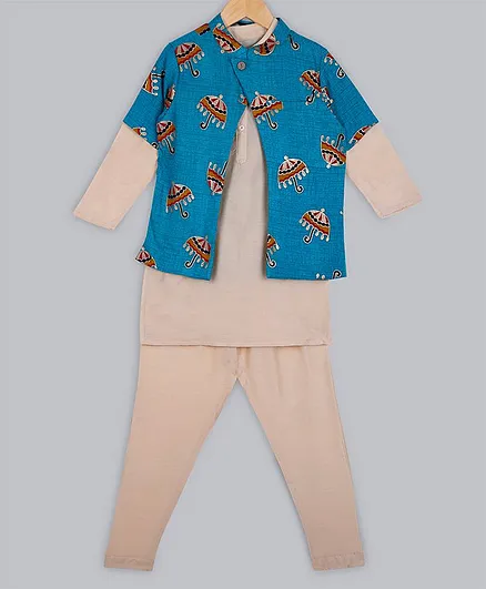 Silverthread Full Sleeves Kurta With Umbrella Print Jacket & Pajama Set - Beige & Blue