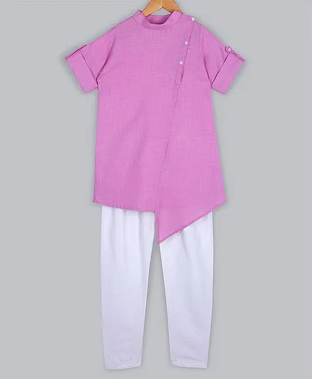 Silverthread Solid Half Sleeves Asymmetrical Kurta & Pajama Set - Pink