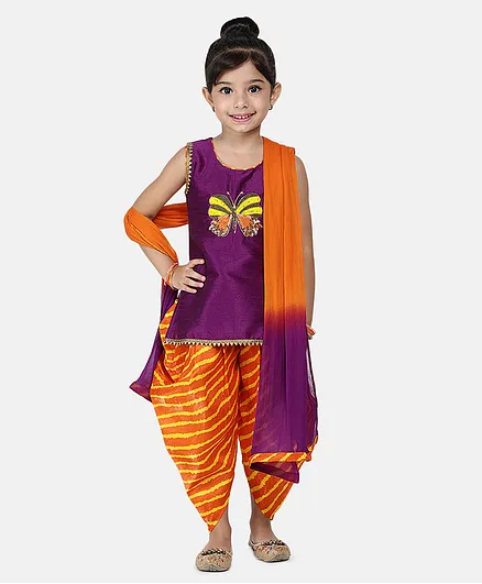 Bownbee Embroidered Sleeveless Kurta With Leheriya Dhoti & Dupatta - Purple