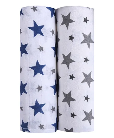 Haus & Kinder Muslin Swaddle Wrap for Newborn Baby Twinkle Collection Navy Blue & Grey- Pack of 2