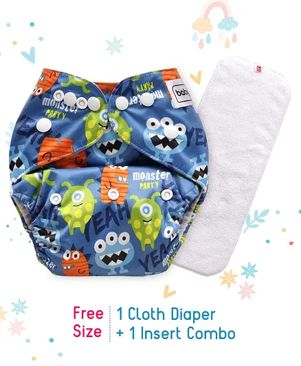 Babyhug Free Size Reusable Cloth Diaper With Insert Monster Print - Blue (Packaging May Vary)