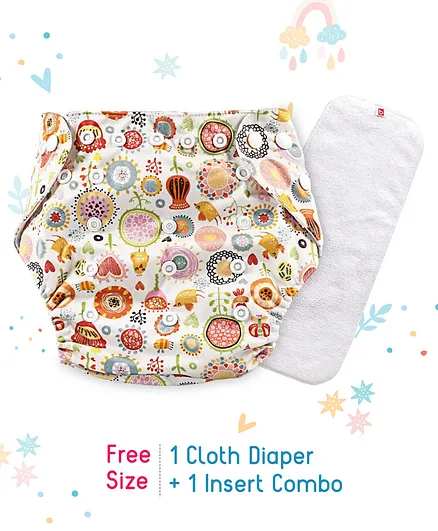 Babyhug Free Size Reusable Cloth Diaper With Insert Floral Print - Cream