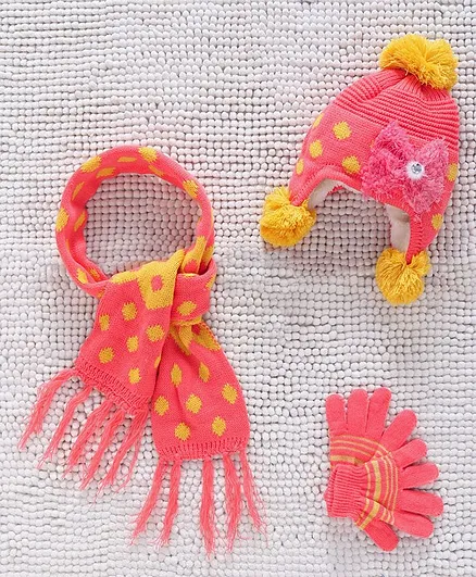 Babyhug Woollen Cap Mittens & Muffler Set Pom Pom Design Pink  - Diameter 14 cm