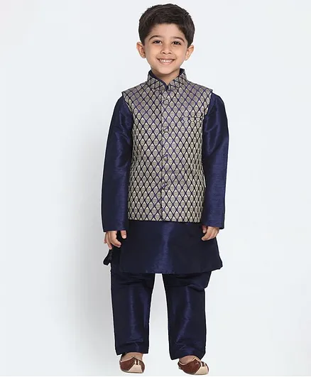 Vastramay Full Sleeves Kurta With Motif Print Sleeveless Jacket & Pyjama Set - Navy Blue