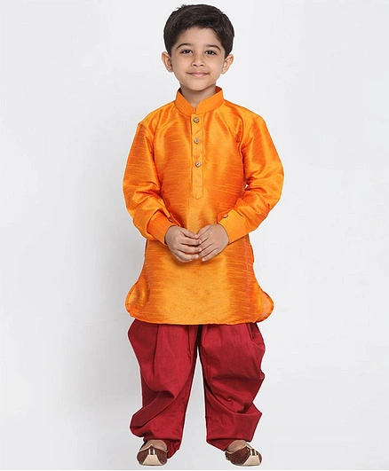 Vastramay Solid Full Sleeves Kurta & Dhoti Set - Orange