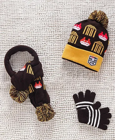Babyhug Woollen Cap Gloves & Muffler Set Pom Pom Design - Dark Brown