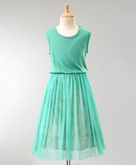 Kidsdew Shimmer Sleeveless Netted Dress  - Green