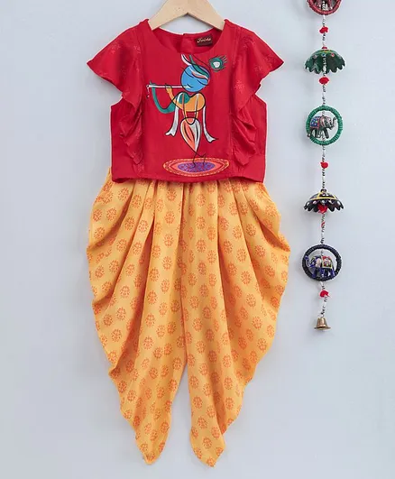 Twisha Short Sleeves Printed Top With Motif Print Dhoti - Red & Yellow