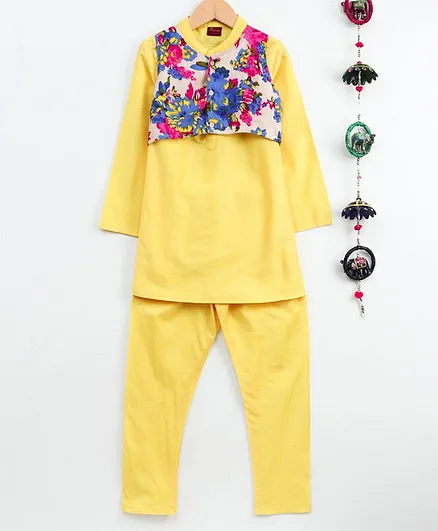 Twisha Full Sleeves Solid Kurta & Pyjama Set With Floral Print Sleeveless Jacket - Yellow