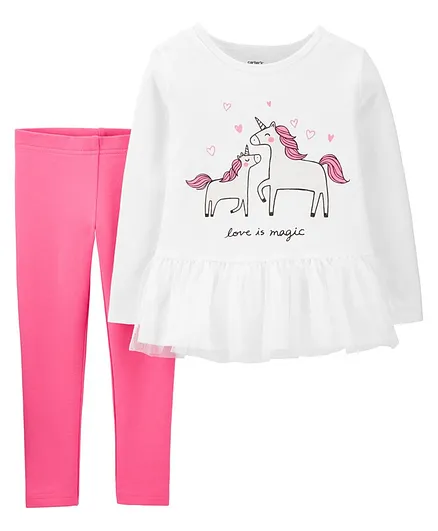 Carter's 2 Piece Unicorn Peplum Top & Legging Set - Pink White